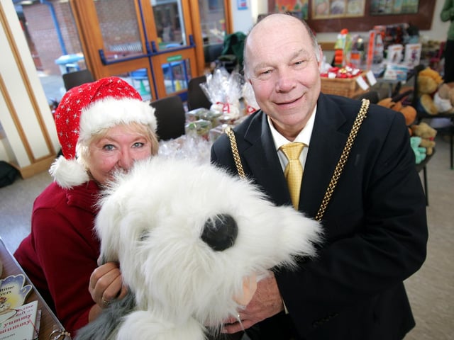 Mayor Colin Lil opens Northampton High School's Christmas Market. Jenny Thomas (pictured) on "guess the name of the dog" stall, raising money for "Playtime" children's charity