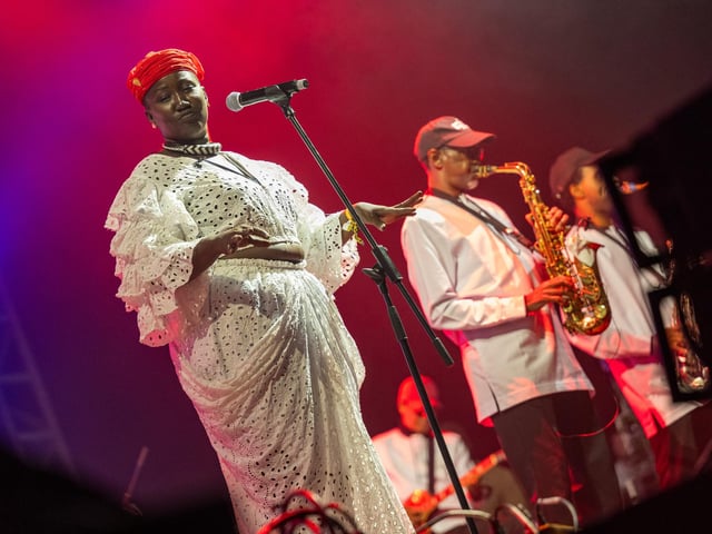Orchestra Baobab bring the Solasta stage to a close at the Shambala Festival on Sunday, August 30, 2026. Photo by David Jackson.