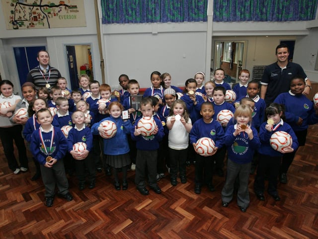 2008: Eastfield Primary school children receive sports awards for kicking a football and fundraising as a result. Winners that kicked the footballs the fastest got medals, footballs and / or trophies to take home. Head Mr Hill on left and Richard Philp on the right
