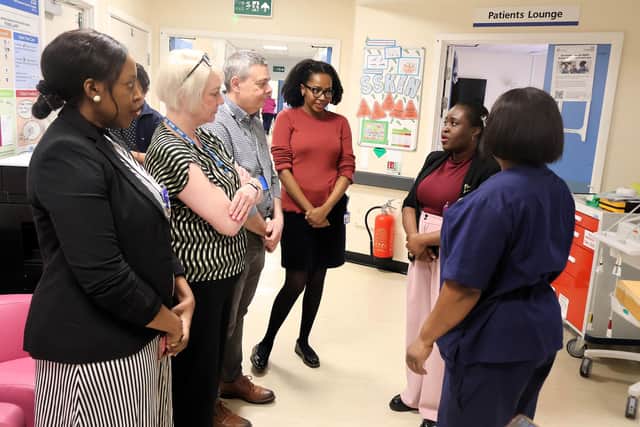 Pictured touring Brampton Ward Adult Inpatient ward at Northampton General Hospital are L-R: Nonhlanhla Nyathi, Deanne Driscoll, Simon Noel, Chiedza Kakomwe, Olubunmi Oluwapojuwomi and Benitha Fenning (ward manager).