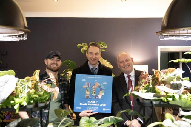 Cllr Daniel Lister (centre) with WNC Leader Cllr Jonathan Nunn (right) stood shoulder to shoulder with retailers on Small Business Saturday.