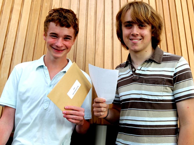 GCSE 2010 exam results day at Northampton School for Boys. Adam Shepherd and Howard Bowling (left-right)