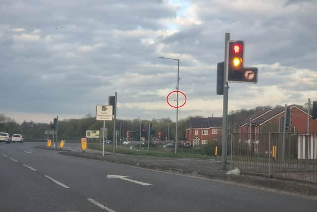 The new ANPR camera, circled in red, has been installed at the right turn from Upton Valley Way East, near Pineham, on to Banbury Lane
