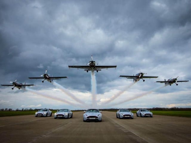 Five new owners of an Aston Martin V8 Vantage S 'Blades Edition' celebrated their purchase with a flight over Northamptonshire with The Blades in 2016.