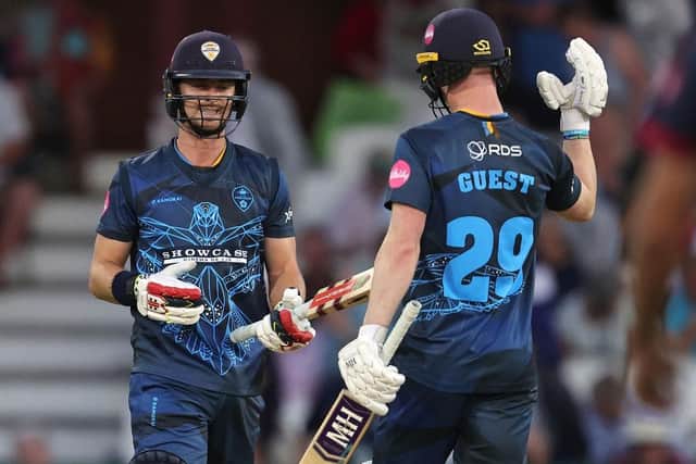 Leus du Plooy (left) and Brooke Guest Derbyshire celebrate sealing their win over Steelbacks (Picture: by David Rogers/Getty Images)