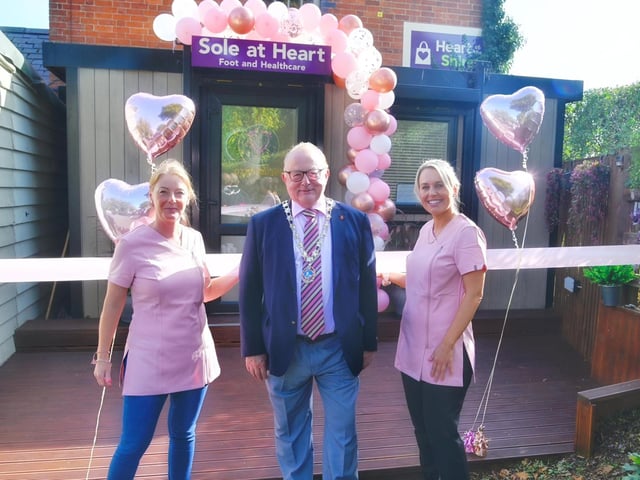 The Mayor of Daventry, Councillor Ted Nicholl, pictured at the opening event together with the Sole at Heart owners, Vicki Cooper and Nina Tobin.