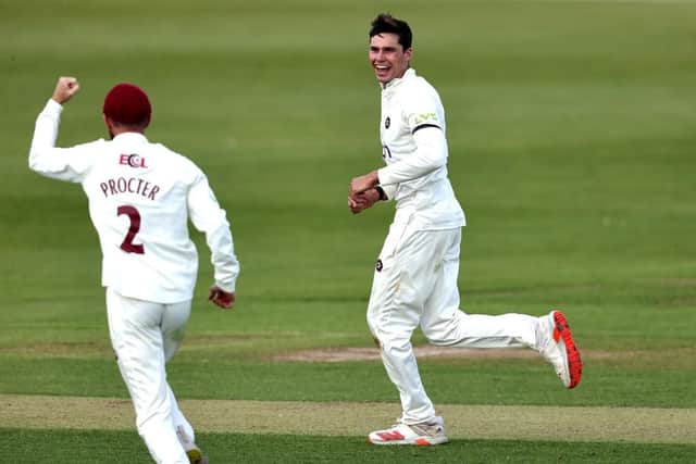 Northants bowler Justin Broad celebrates after taking the wicket of James Rew during the LV= Insurance County Championship Division One match against Somerset at the County Ground (Picture: David Rogers/Getty Images)