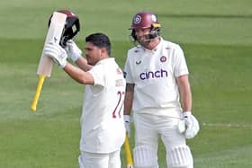 Ricardo Vasconcelos celebrates reaching his century at Canterbury (Picture: Peter Short)
