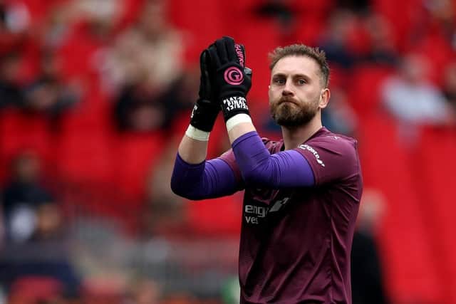 Ross Fitzsimons of Chesterfield gestures during the Vanarama National League Play-Off Final match between Chesterfield and Notts County at Wembley Stadium on May 13, 2023 in London, England. (Photo by Eddie Keogh/Getty Images)