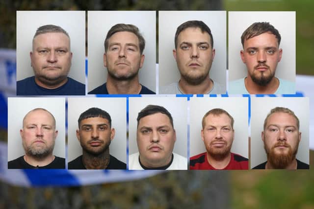 The nine men - out of a 10-strong gang - who were sentenced at Northampton Crown Court today. They are (from top left)  Wayne Toner, Paul Campbell, James Connor,  Connor Sherwood, (from bottom left) Gilbert Stirling, Arron Vidler, Stephen Davidson, David Madden and Darryl Marshall. Not pictured is Malcolm Chapman who is on the run.