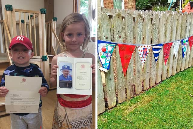Joel and Pearl with the letter (left) and the homemade bunting (right).
