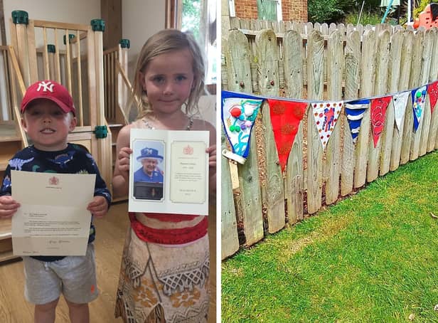 Joel and Pearl with the letter (left) and the homemade bunting (right).