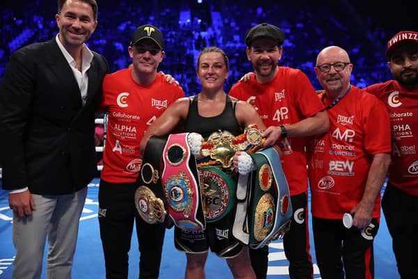 Eddie Hearn (far left) poses with Chantelle Cameron and her team following the Northamptonian's huge win in Abu Dhabi on Saturday (Picture: Mark Robinson / Matchroom Boxing)