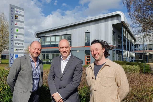 Tom Fitzgerald (Managing Director, SSG Contracts), Paul Warrington (Relationship Director, Lloyds Bank), John Fitzgerald (Director, SSG Contracts) pictured in front of SSG Contracts's site in Northampton