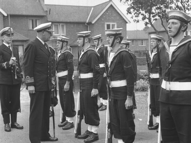 Looking Back old glass negs, believed to be 1963, Sea Cadets on parade