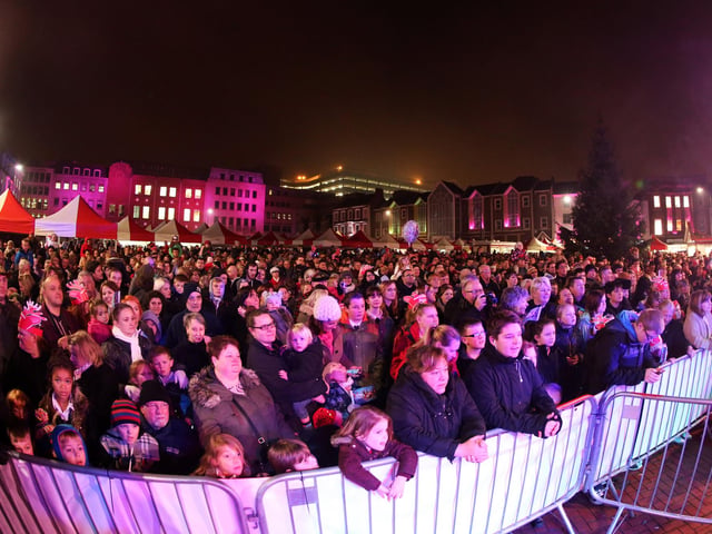 Christmas Lights switch on in Northampton's Market Square with a German Market in 2014.