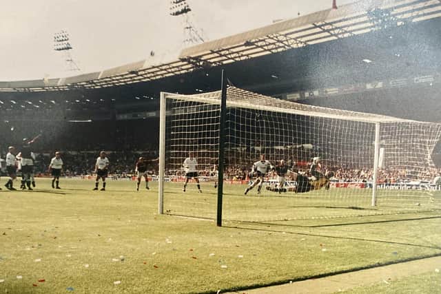 John Frain's free-kick hits the back of the Wembley net