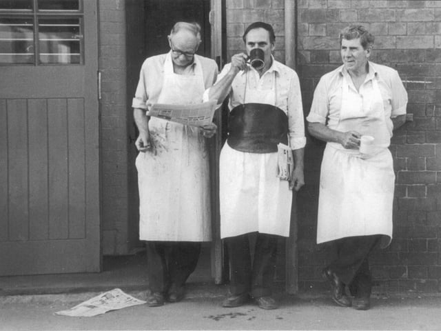 Photogrpah taken by Chron in 1965 of workers outside Church's shoe factory in Northampton.