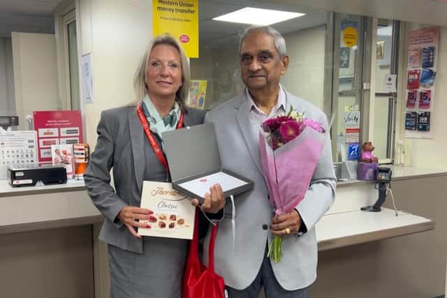 Tarsem and Post Office area manager Karen McIlroy.