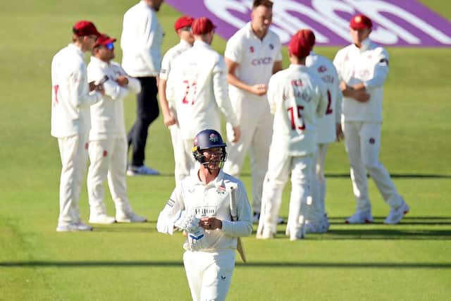 Keaton Jennings trudges off after being bowled by Harry Conway in Lancashire's first innings against Northants