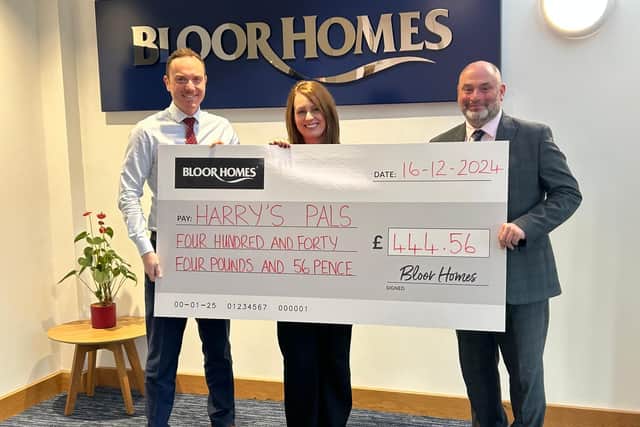 Caption: Harry’s Pals founder Hayley Charlesworth (centre) visited Bloor Homes’ South Mids HQ to receive the donation from Garry Harrison, Contracts Manager (right) who nominated the charity, and Jack Costello, Sales Director (left).