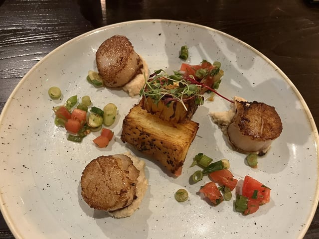 Pan-fried wild scallops with parsnip purée, tomato and spring onion salsa, dauphinoise chips.
