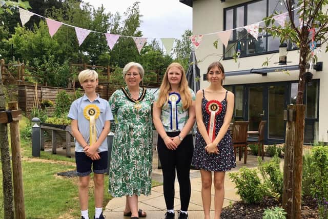 The Honourable Sue Sharps, Mayor of Brackley with (from left) William, Daisy and Isabella