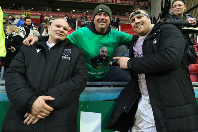 Paul Hill (right) was all smiles after Saints' win at Leicester