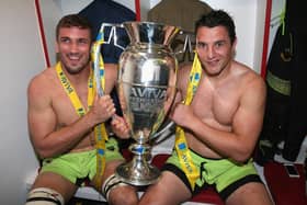 Christian Day with current Saints forwards coach Phil Dowson after the Premiership title win at Twickenham in 2014