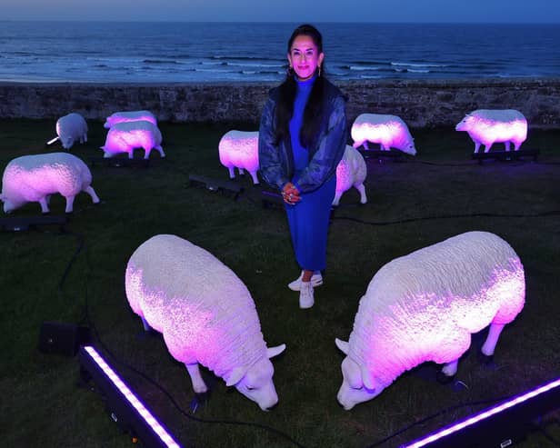 Illuminated sheep art work at Bamburgh with artist Deepa Mann-Kler
 (photo: Raoul Dixon)
