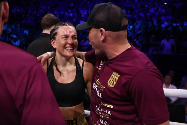 Winning team... Chantelle Cameron with trainer Jamie Moore after her win over Katie Taylor (Picture: Mark Robinson / Matchroom Boxing)