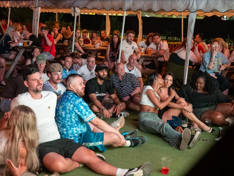 Football fans watching England vs Panama in the garden of The Black Prince in Northampton on Saturday, June 27, 2026. Photo by David Jackson.