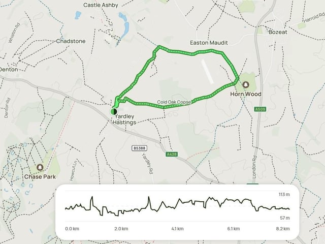 Experience this 8.2-km circular trail near Northampton, Northamptonshire – a moderately challenging route with 175m of elevation gain, typically taking 2 hours and 3 minutes to complete. A popular trail for hiking and walking, it offers moments of solitude during quieter times. Open year-round, it’s beautiful in any season. This delightful countryside route passes through farmlands, woodlands, and alongside a tranquil brook, offering stunning views of the surrounding area as you circle Yardley Hastings. Starting from the village centre, follow the path alongside Grendon Brook toward Castle Ashby Road. The route meanders through the region, leading to Easton Maudit, then continues past Horn Wood and Cold Oak Copse, completing the circular trail.
