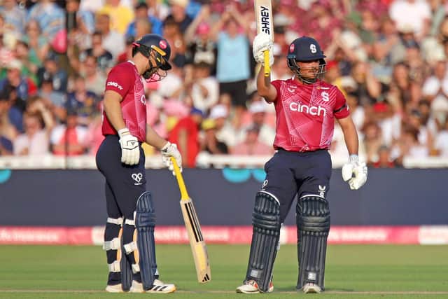 Ricardo Vasconcelos raises his bat after reaching 50 (Picture: Peter Short)