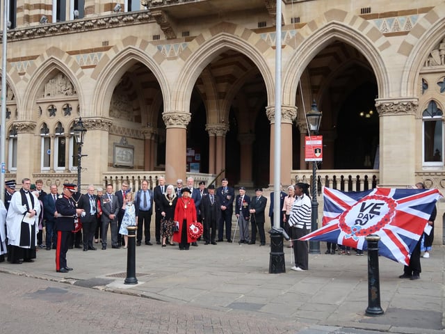 A flag raising service took place at The Guildhall, followed by service in the memorial gardens at All Saints Church, on Thursday May 8.