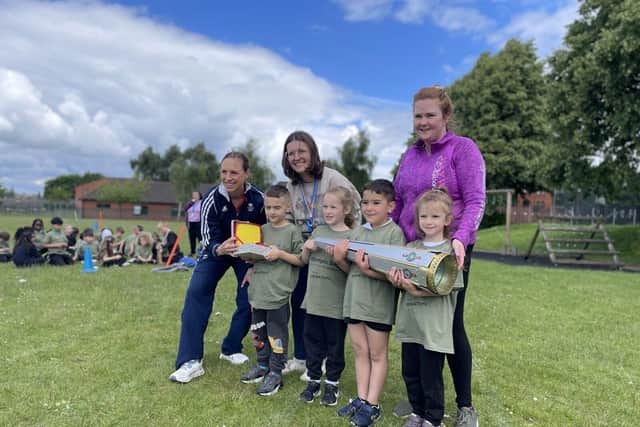 Modern pentathlon silver medallist Heather Fell with pupils and staff at Castle Academy