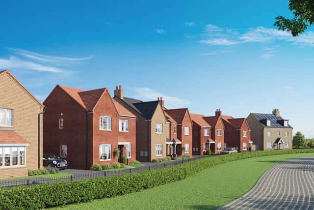 A computer-generated image of a street scene at Bovis Homes @ Priors Hall Park in Corby