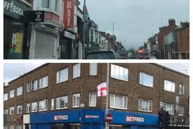 The Palestine and St George's flags flying in Wellingborough Road over the Bank Holiday weekend