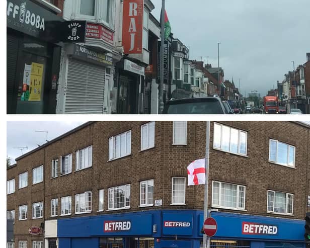 The Palestine and St George's flags flying in Wellingborough Road over the Bank Holiday weekend