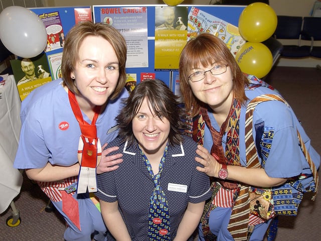 Staff at Northampton General Hospital wearing Loud ties to raise awareness of Bowel cancer. Namesl-r: Charmain Sombach, Georgia Thompson and Debbie Perry.