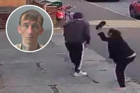 The shop worker tackles Liam Tristram (inset) after he carried out the robbery