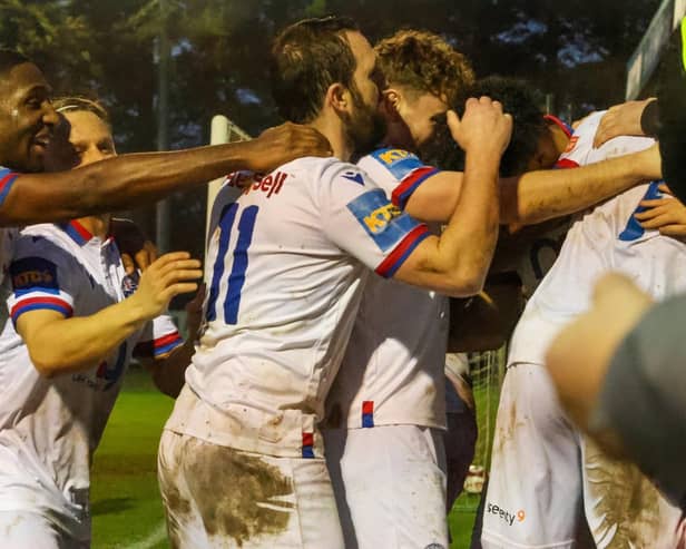 John-Joe O'Toole joins in the celebrations after Bruno Andrade made it 2-0 against Sutton Coldfield Town on Saturday (Picture: Shaun Frankham)