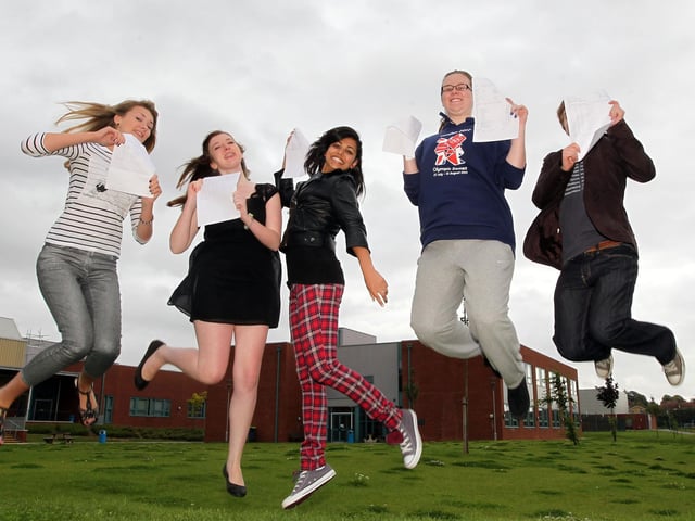 2012 - A level results at Northampton School for Girls, Spinney Hill Road, Northampton. L-R Annie Stausa, Stephanie Knight, Shalin Victor, Vicki Cooke and Joe Daly.