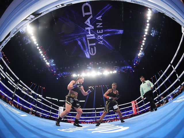 Chantelle Cameron and Jessica McCaskill size each other up at the start of their world title fight (Picture: Mark Robinson / Matchroom Boxing)