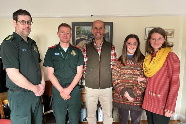 L-R Danny Hone Duty Commander EMAS, Matthew Stringfellow Specialist Practitioner EMAS, Chris Knight, Faith Knight, Vicki Knight