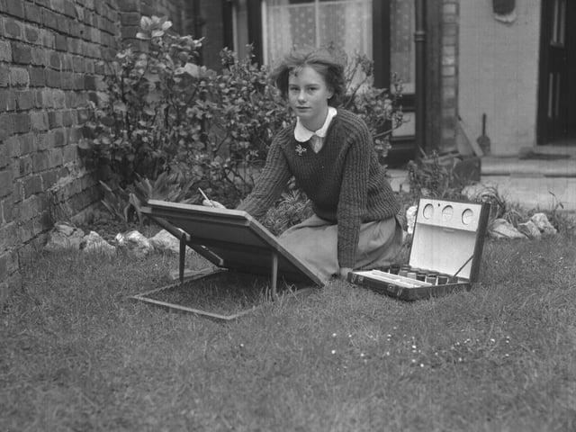 Looking Back
Old glass negs
Joy Brawn painting on lawn
May 25, 1962
