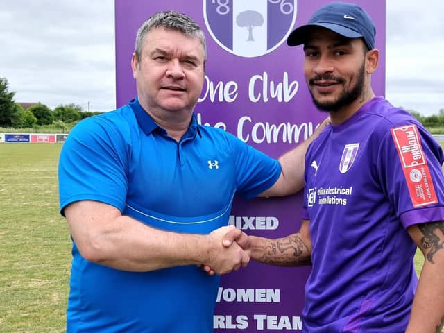 Daventry Town boss Daren Young welcomes new signing Leon Lobjoit. Picture courtesy of Daventry Town FC