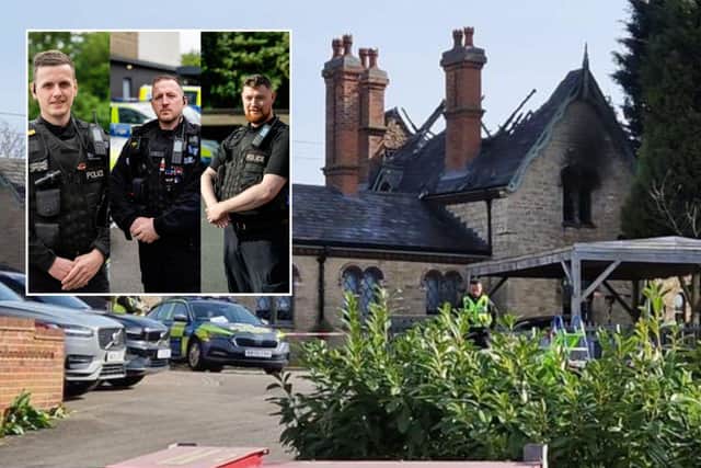 These brave police officers are among five who rushed toward a house fire to try to save the lives of the occupants. Image: IMG / Northamptonshire Police Federation