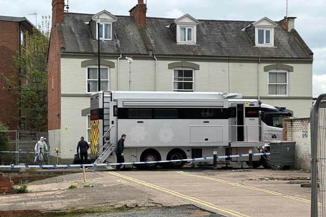 A cordon is in place at the property in Castilian Street, Northampton. Photo: Pete Chuong.