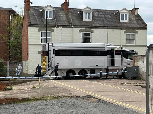 A cordon is in place at the property in Castilian Street, Northampton. Photo: Pete Chuong.